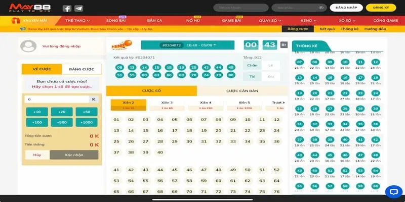 Xổ số keno có mức thưởng hấp dẫn cho người chơi tại May88